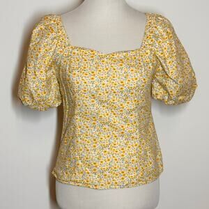 Allegra K Women's Puff Sleeve Square Neck Peasant Floral Blouse Top Yellow Sz M